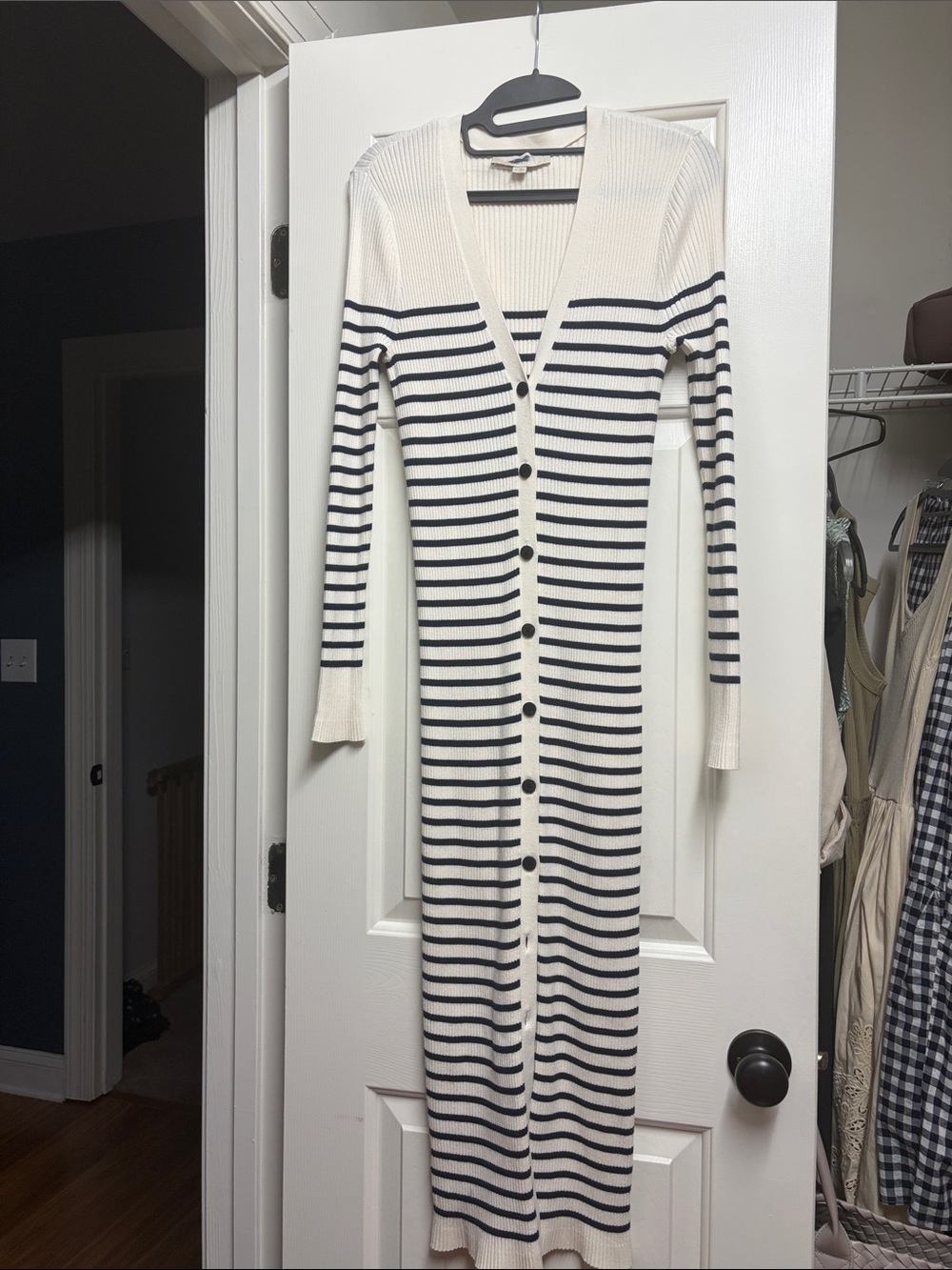 LOFT Long Sleeve Striped Button-Front Maxi Dress - White & Navy